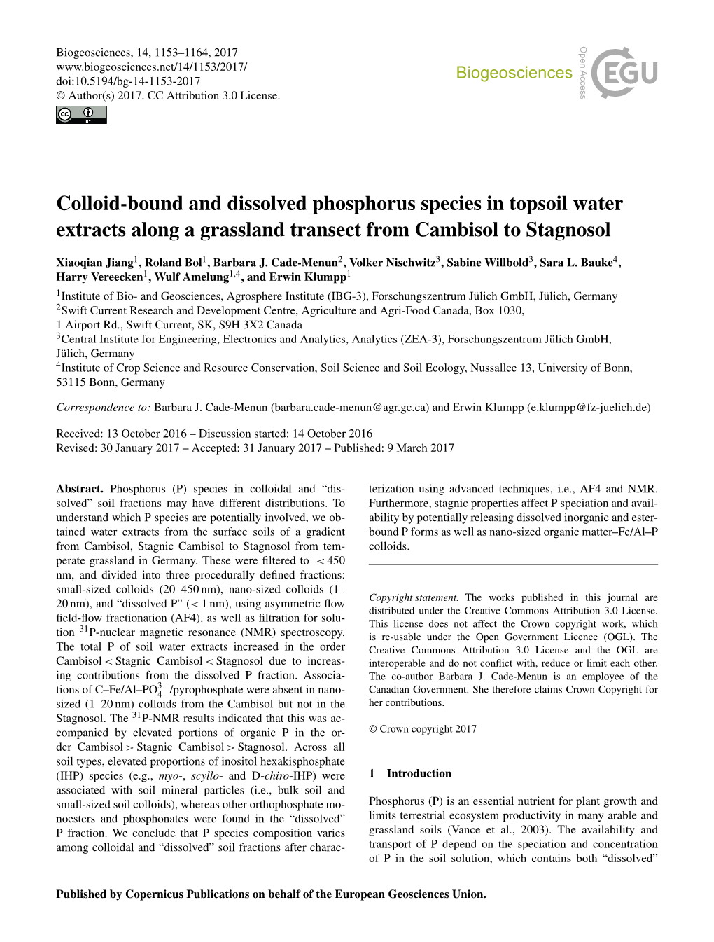 Colloid-Bound and Dissolved Phosphorus Species in Topsoil Water Extracts Along a Grassland Transect from Cambisol to Stagnosol