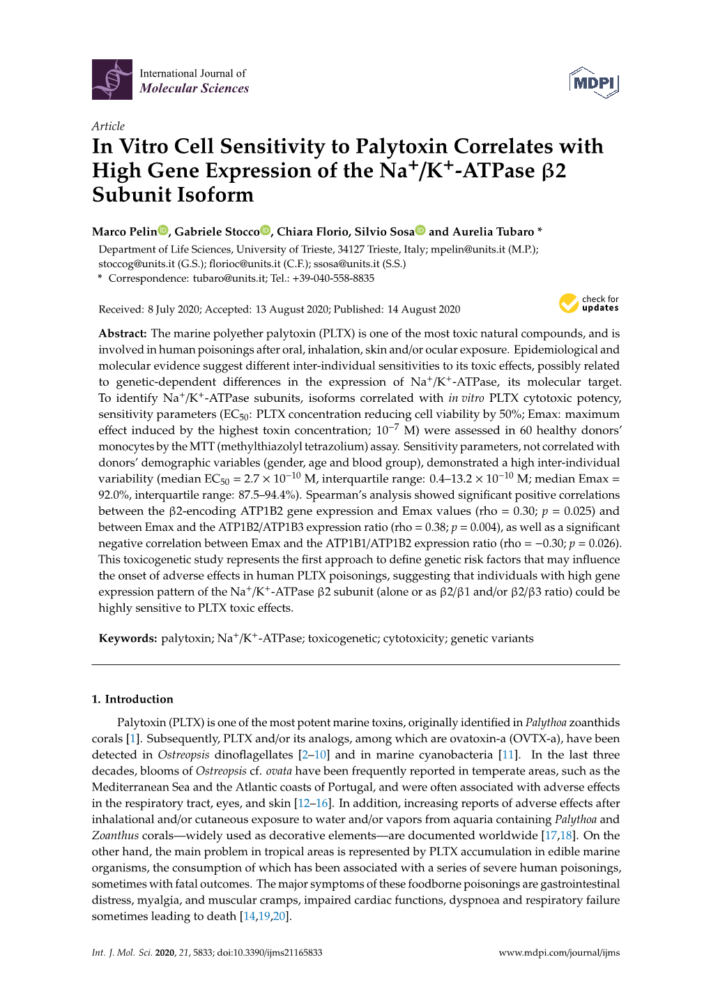 In Vitro Cell Sensitivity to Palytoxin Correlates with High Gene Expression of the Na+/K+-Atpase Β2 Subunit Isoform