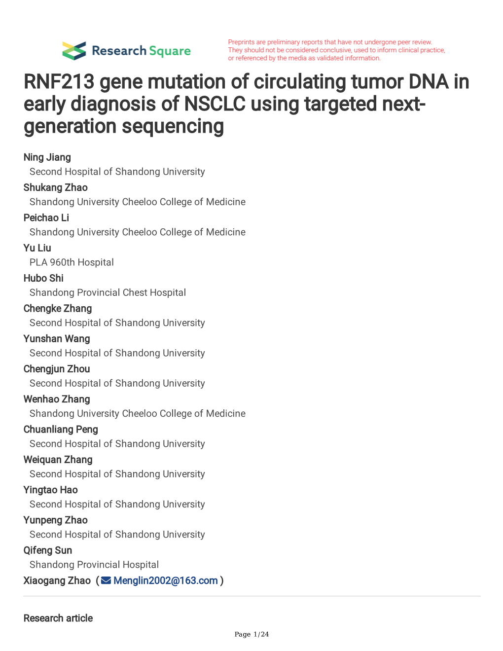 RNF213 Gene Mutation of Circulating Tumor DNA in Early Diagnosis of NSCLC Using Targeted Next- Generation Sequencing