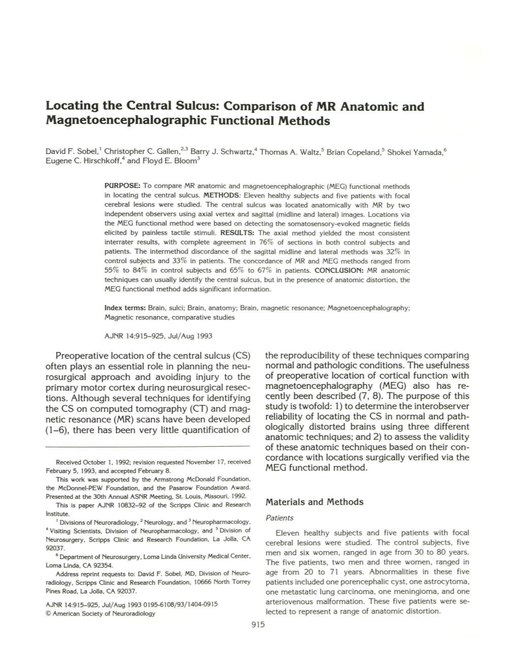 Locating the Central Sulcus: Comparison of MR Anatomic and Magnetoencephalographic Functional Methods