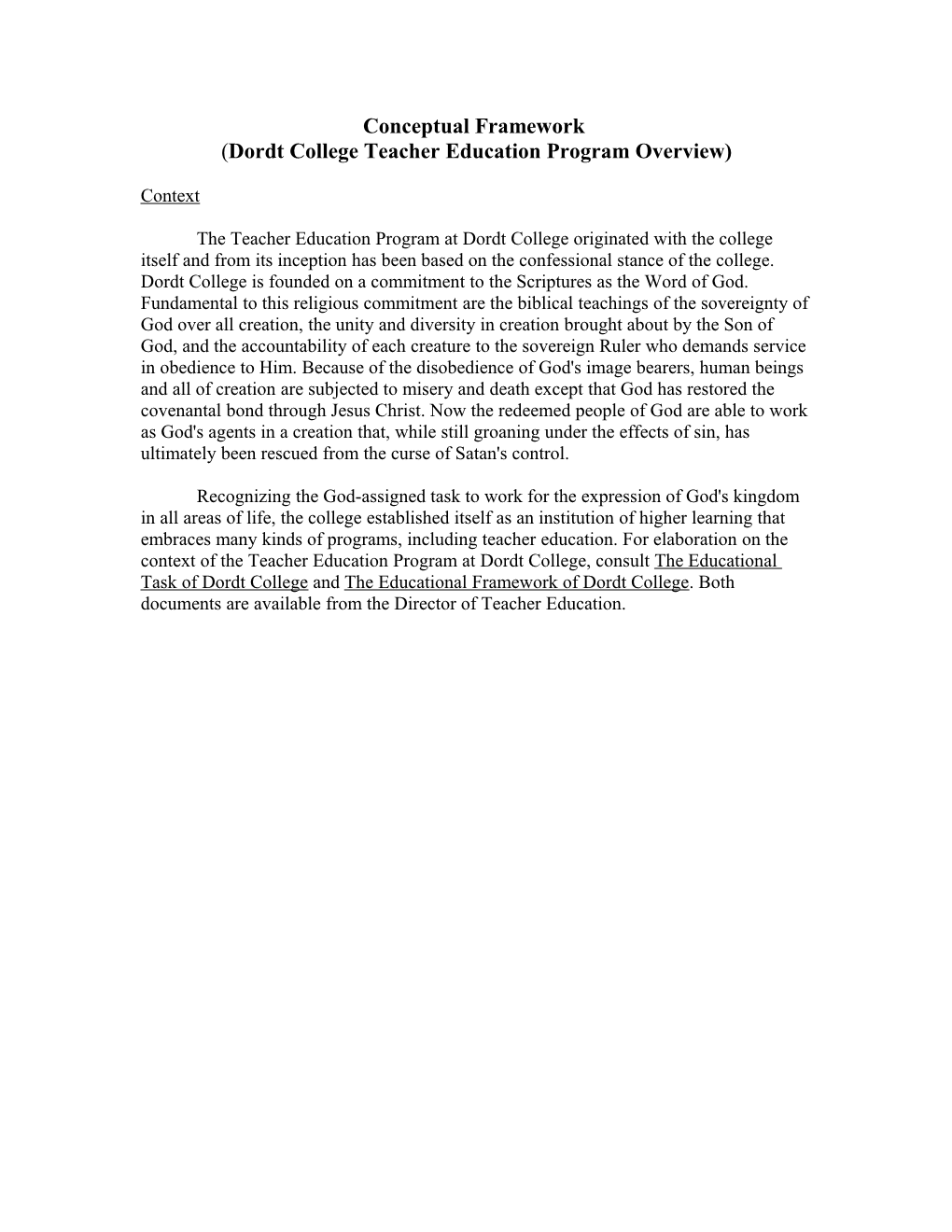 Dordt College Teacher Education Program Overview