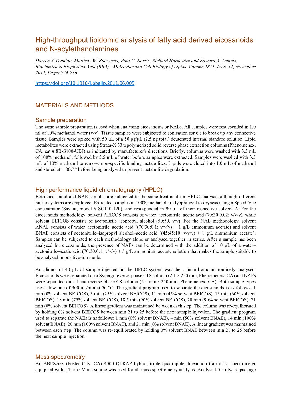 LC-MS Analysis of Fatty Acid Derived Eicosanoids and N-Acylethanolamines