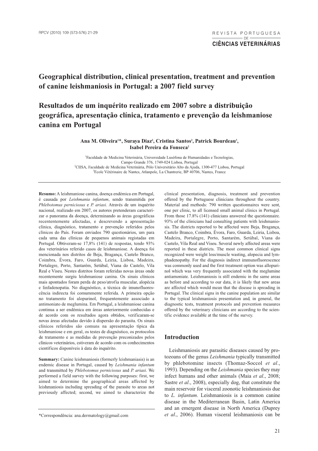 Geographical Distribution, Clinical Presentation, Treatment and Prevention of Canine Leishmaniosis in Portugal: a 2007 Field Survey