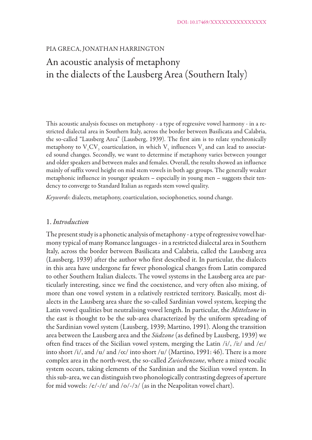 An Acoustic Analysis of Metaphony in the Dialects of the Lausberg Area (Southern Italy)