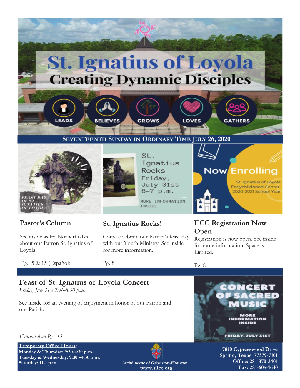 Feast of St. Ignatius of Loyola Concert Friday, July 31St 7:30-8:30 P.M