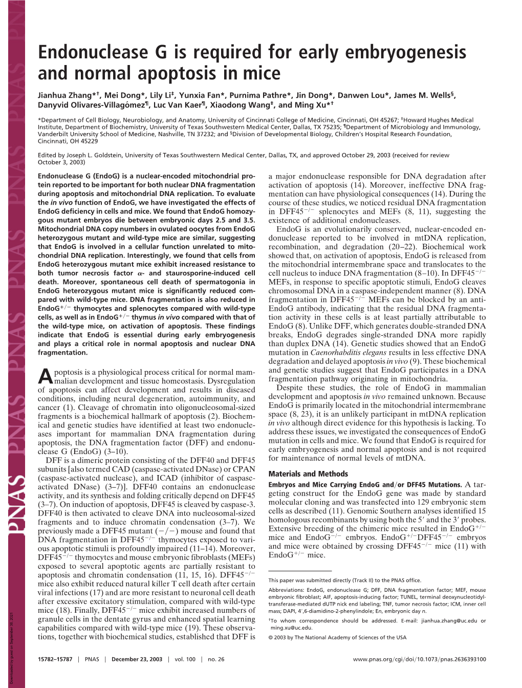 Endonuclease G Is Required for Early Embryogenesis and Normal Apoptosis in Mice