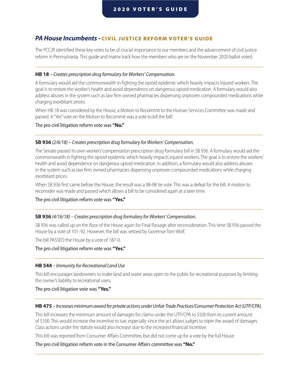 2020 VOTER's GUIDE PA House Incumbents