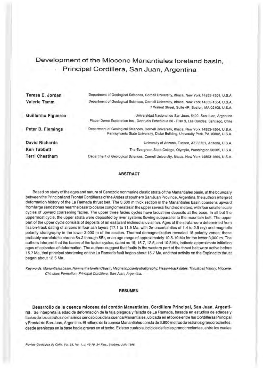 Development of the Miocene Manantiales Foreland Basin , Principal Cordillera, San Juan, Argentina