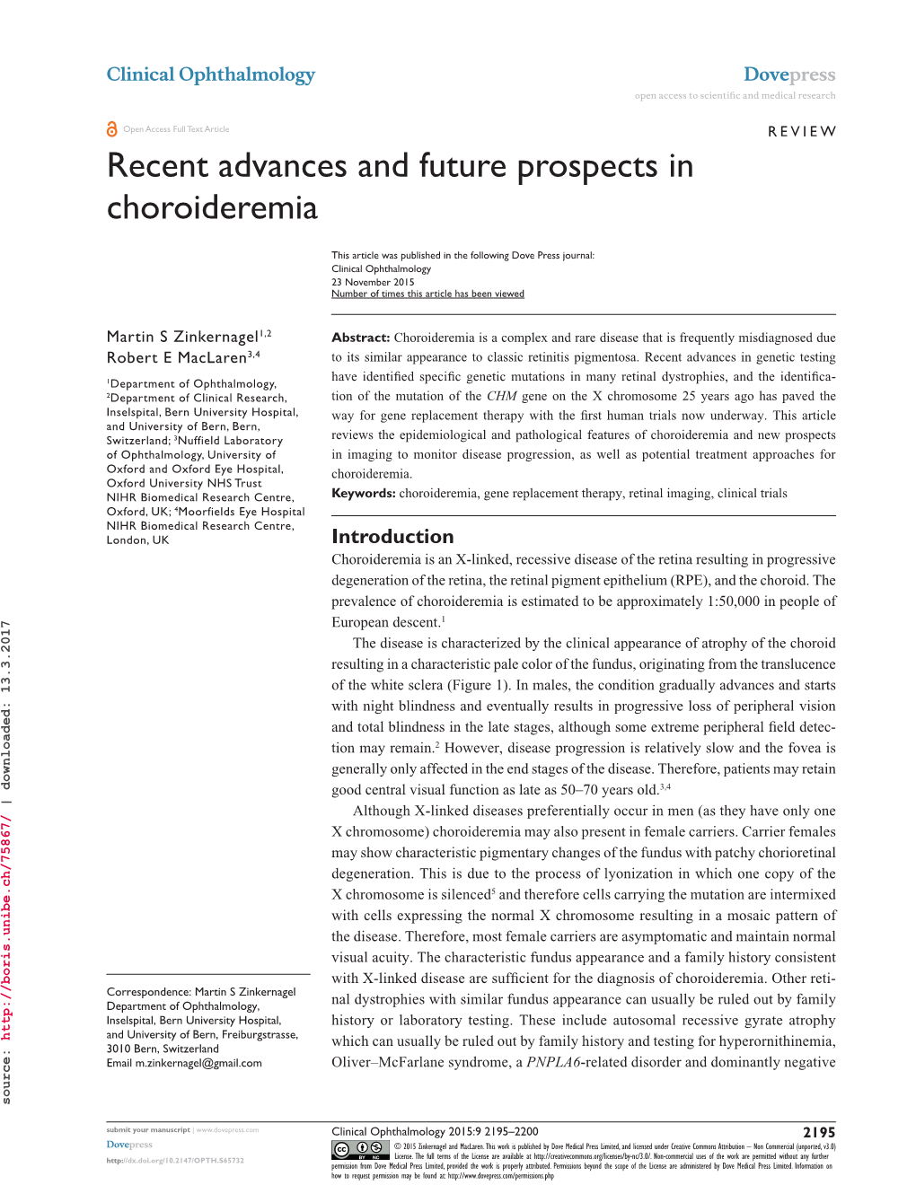 Recent Advances and Future Prospects in Choroideremia
