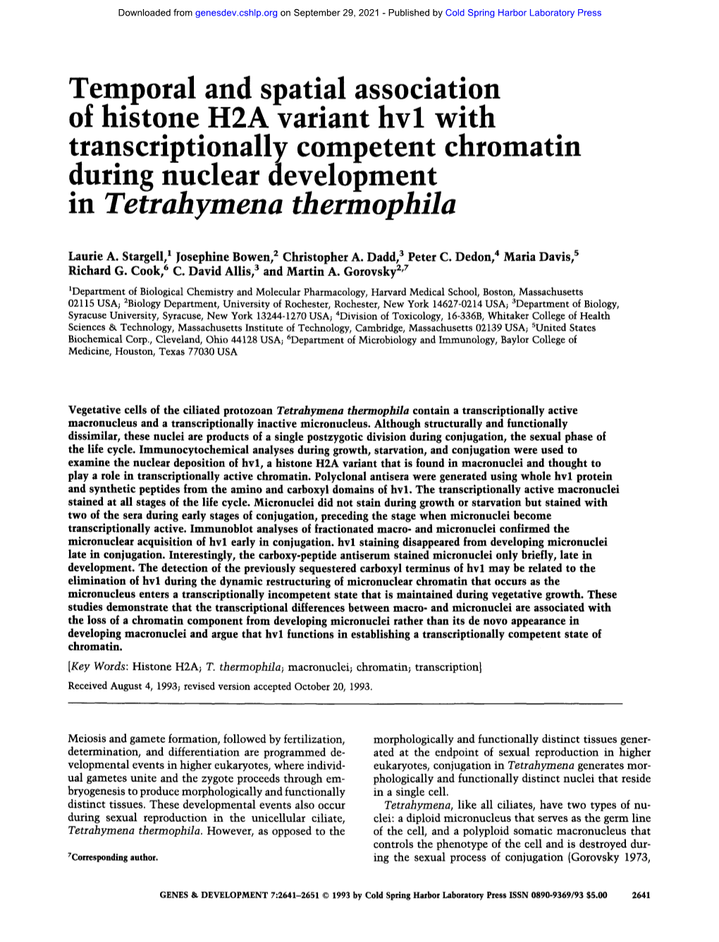 Temporal and Spatial Association of Histone H2A Variant Hvl with Transcriptionally Competent Chromatin During Nuclear Development in Tetrahymena Thermophila