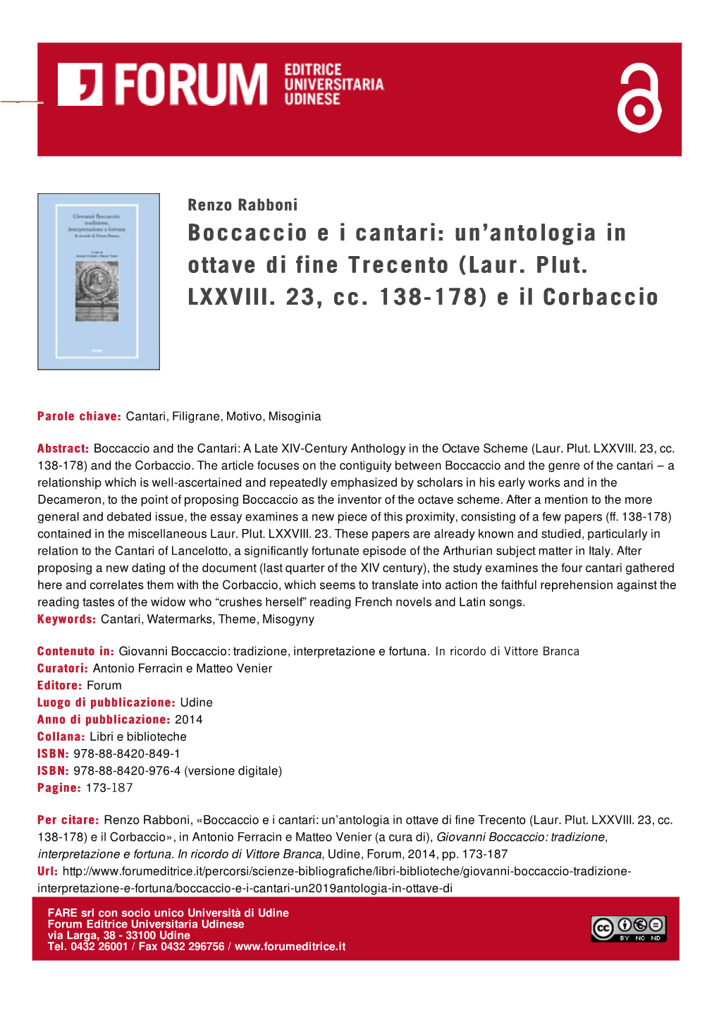 Boccaccio Ei Cantari: Un'antologia in Ottave Di Fine Trecento