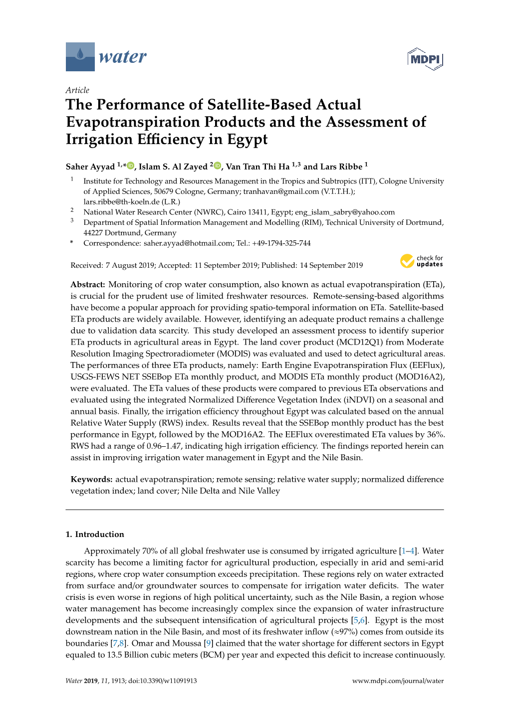 The Performance of Satellite-Based Actual Evapotranspiration Products and the Assessment of Irrigation Eﬃciency in Egypt