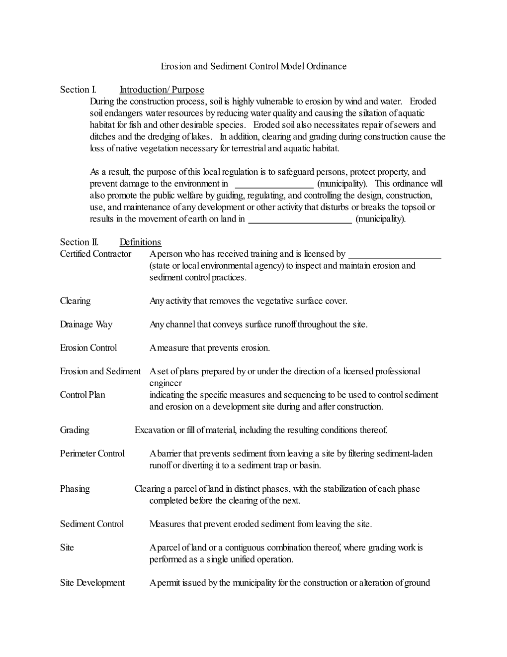 Erosion and Sediment Control Model Ordinance