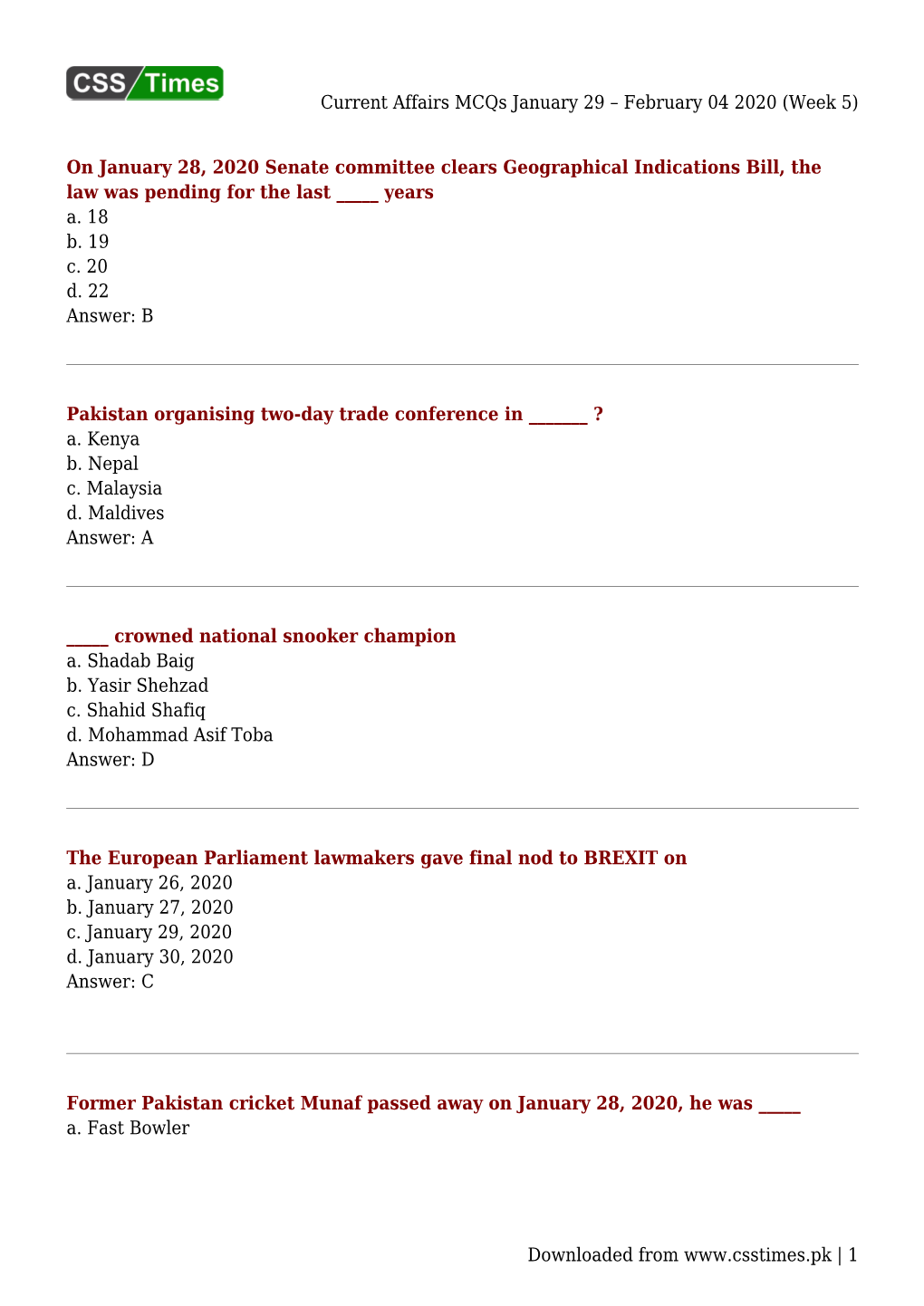 Current Affairs Mcqs January 29 – February 04