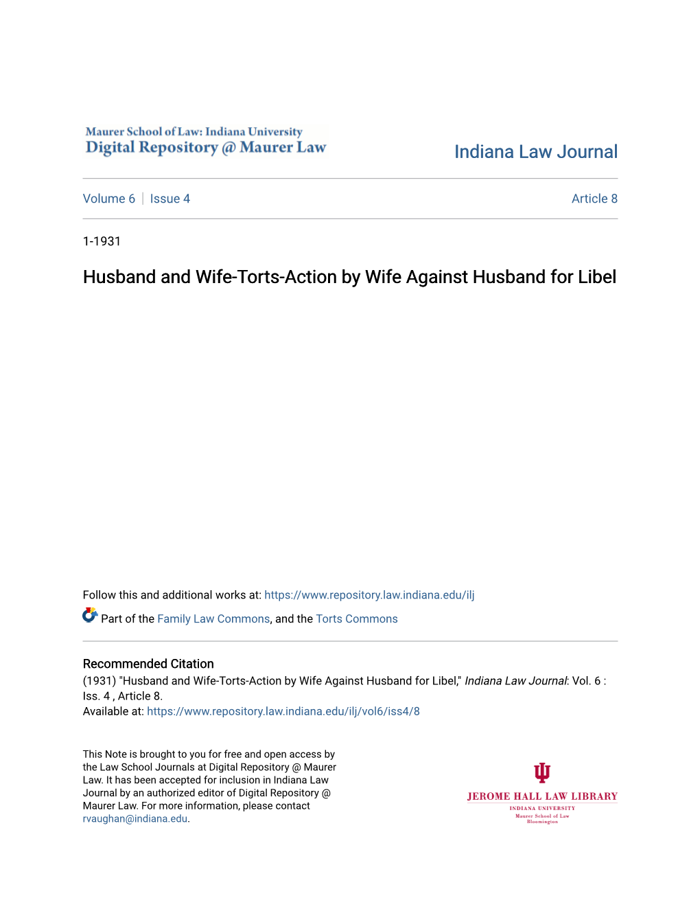 Husband and Wife-Torts-Action by Wife Against Husband for Libel