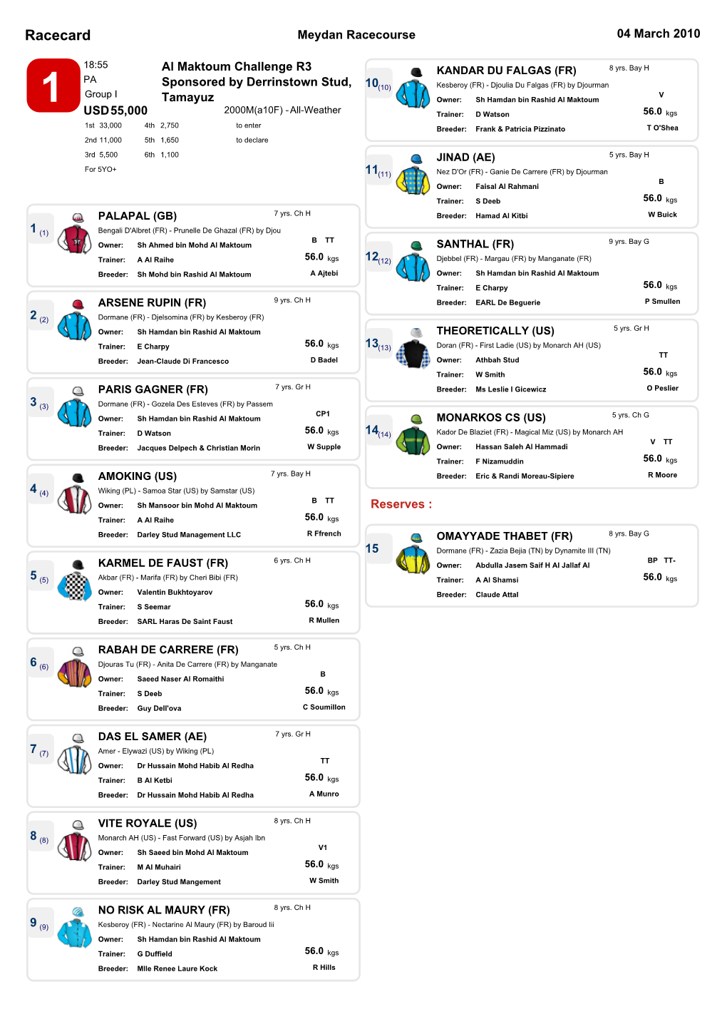 Racecard Meydan Racecourse 04 March 2010