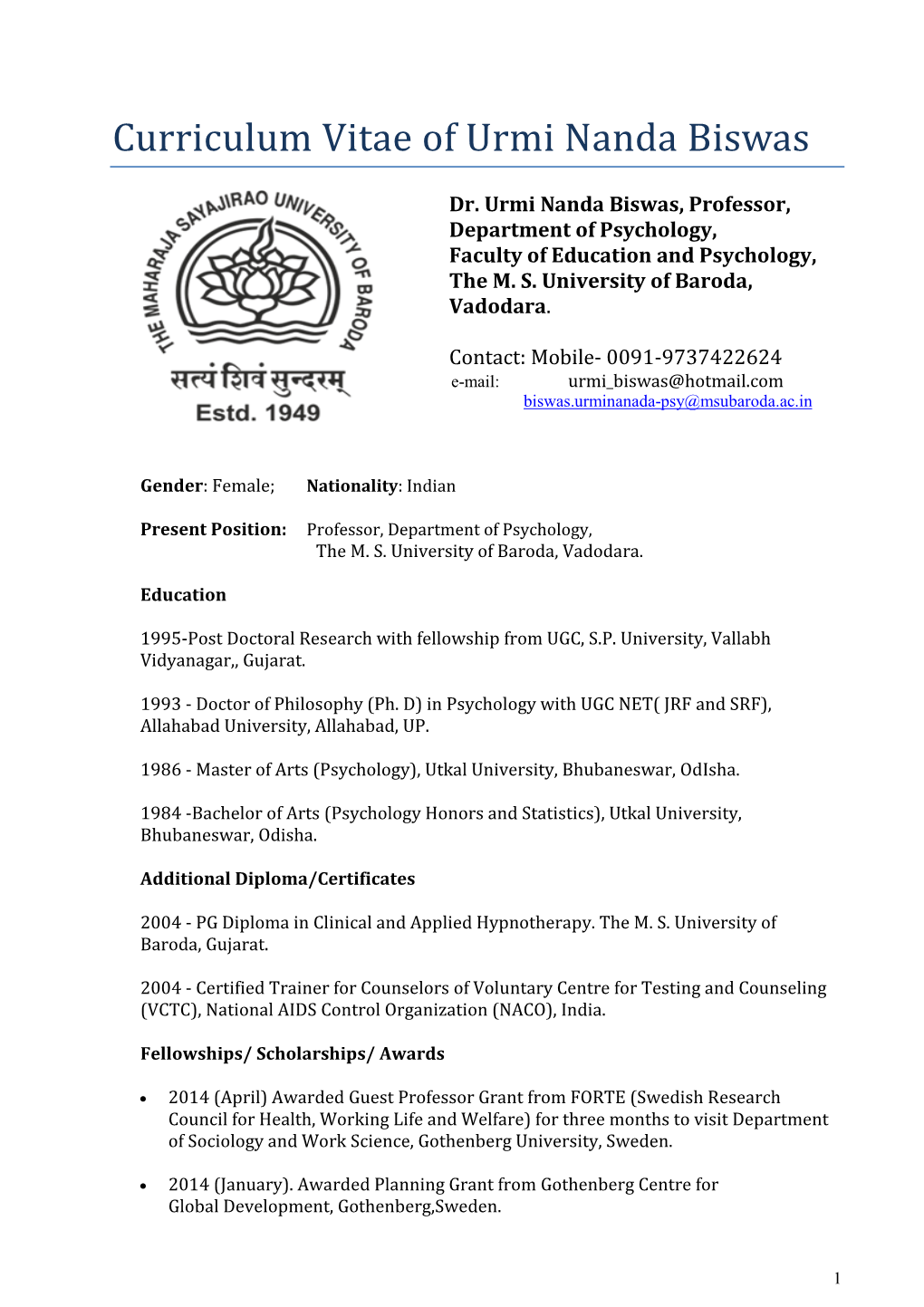 Curriculum Vitae of Urmi Nanda Biswas