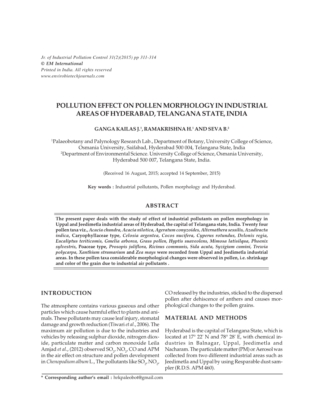 Pollution Effect on Pollen Morphology in Industrial Areas of Hyderabad, Telangana State, India