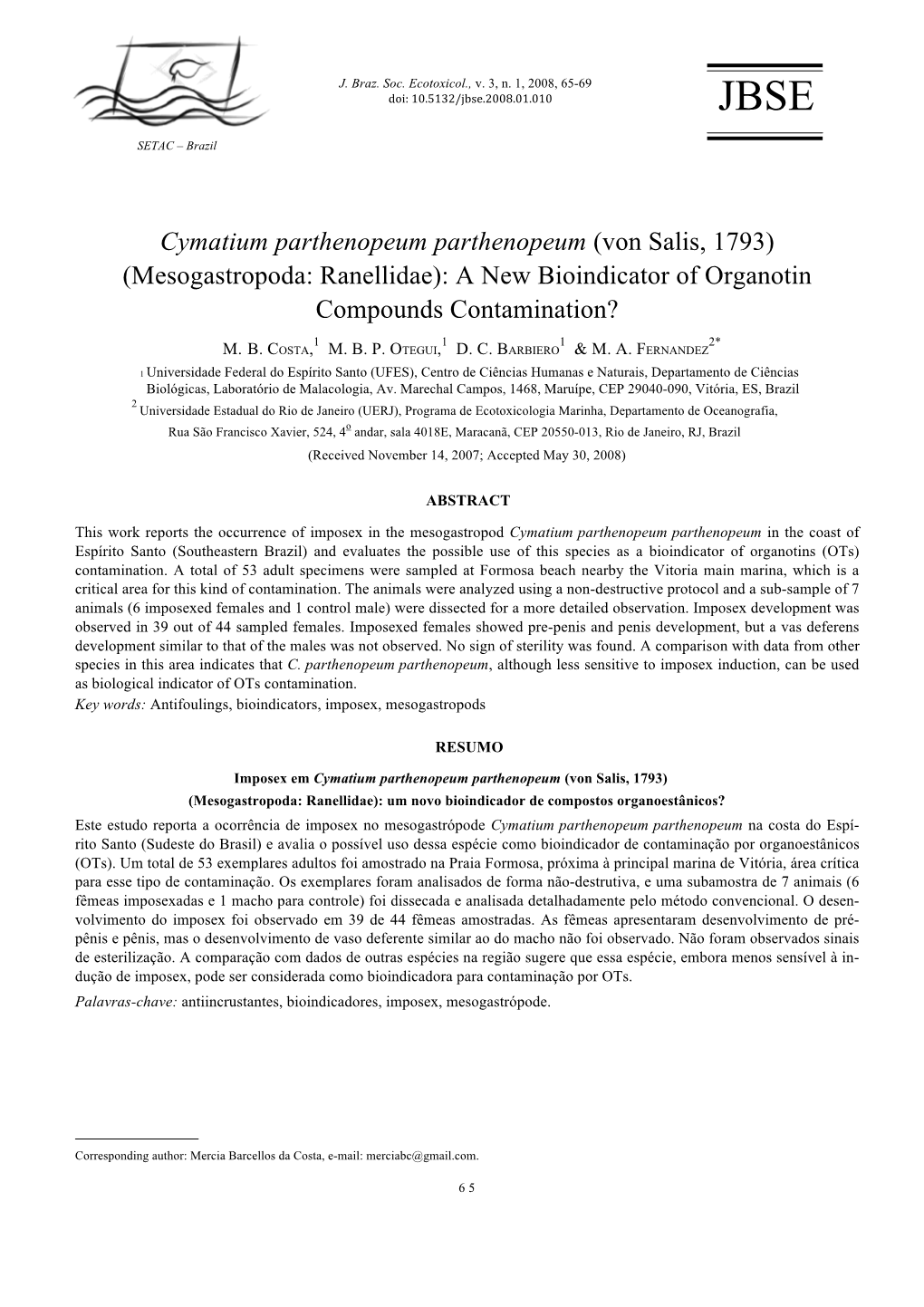 Cymatium Parthenopeum Parthenopeum (Von Salis, 1793) (Mesogastropoda: Ranellidae): a New Bioindicator of Organotin Compounds Contamination?