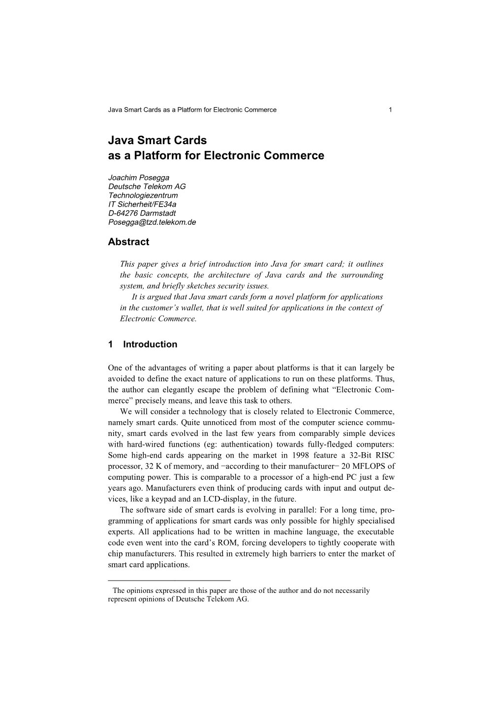 Java Smart Cards As a Platform for Electronic Commerce 1