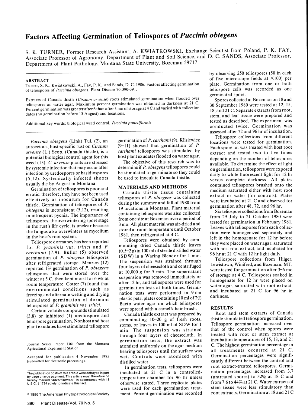 Factors Affecting Germination of Teliospores of Puccinia Obtegens