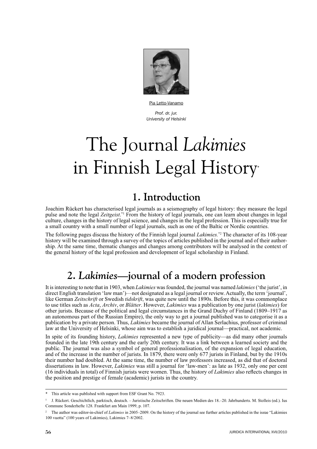 The Journal Lakimies in Finnish Legal History*