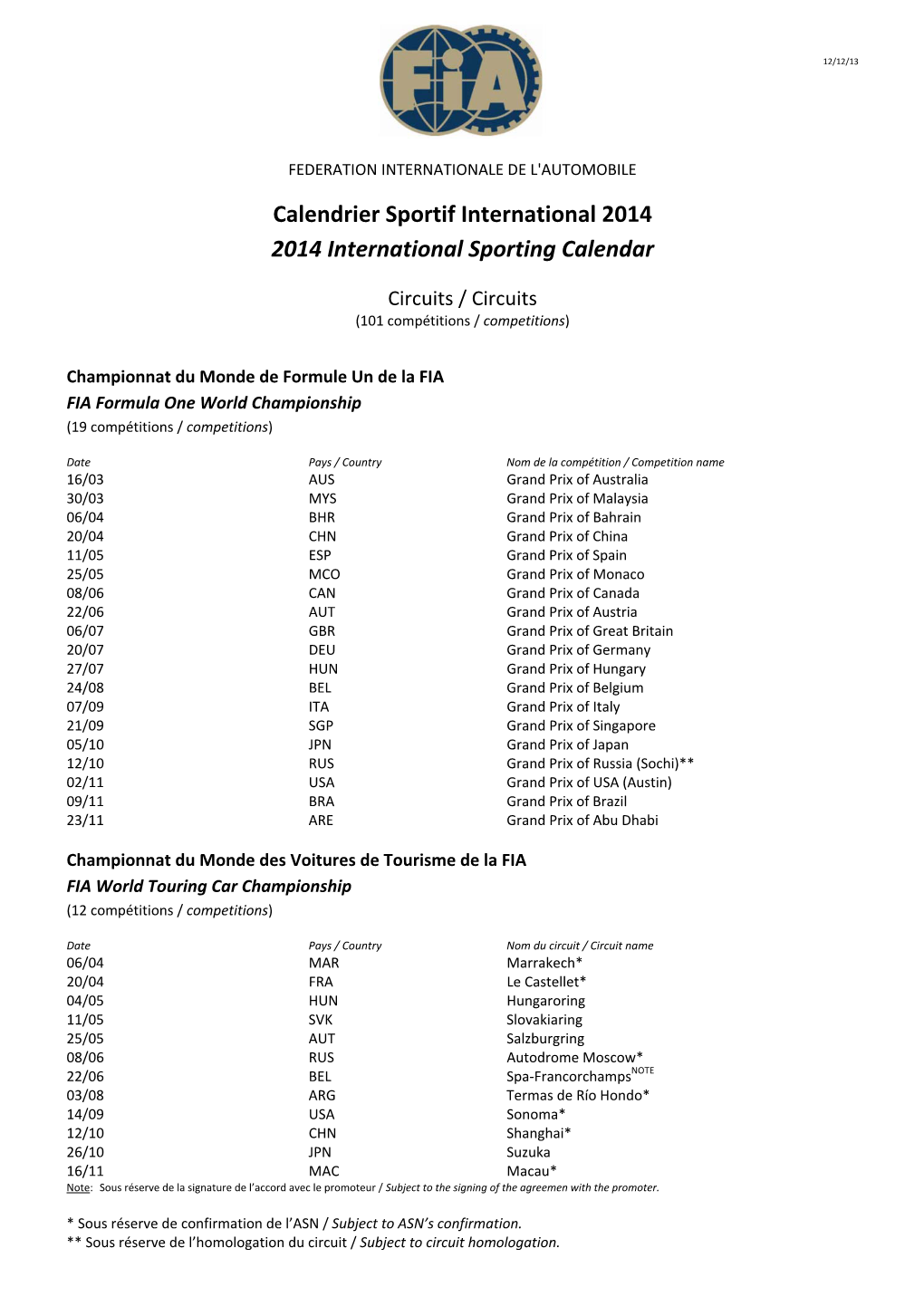 Calendrier Sportif International 2014 2014 International Sporting Calendar