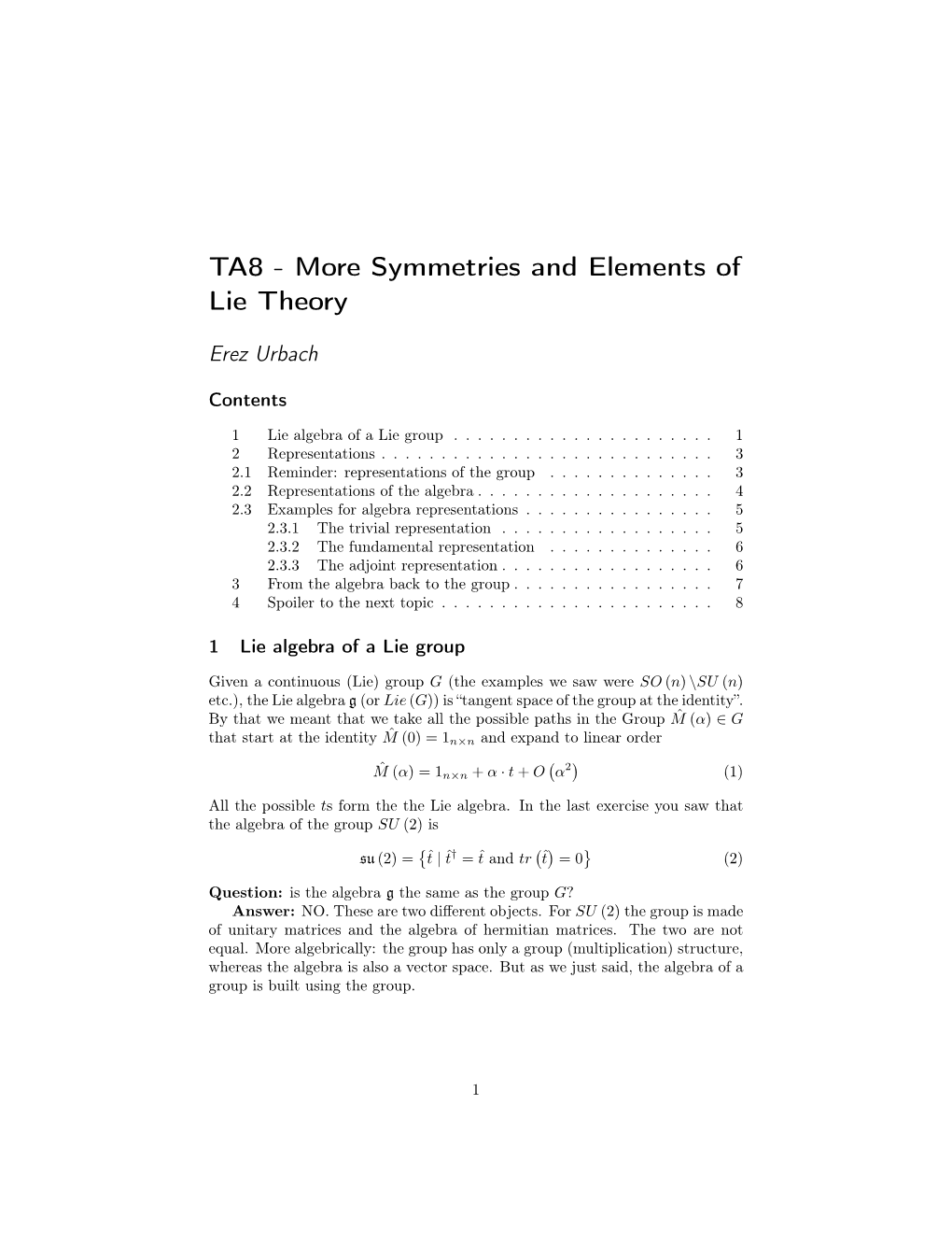 TA8 - More Symmetries and Elements of Lie Theory