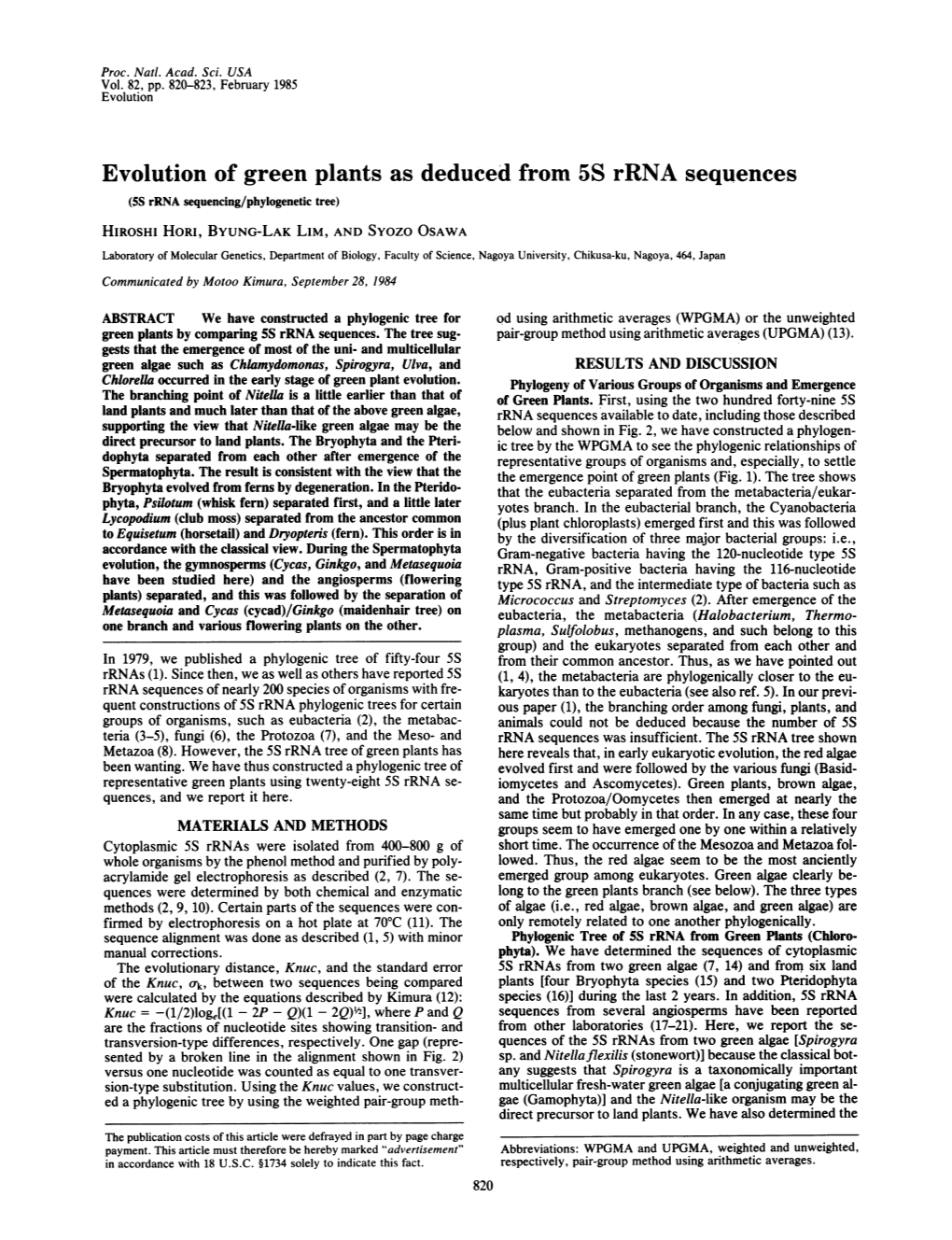 Evolution of Green Plants As Deduced from 5S Rrna Sequences