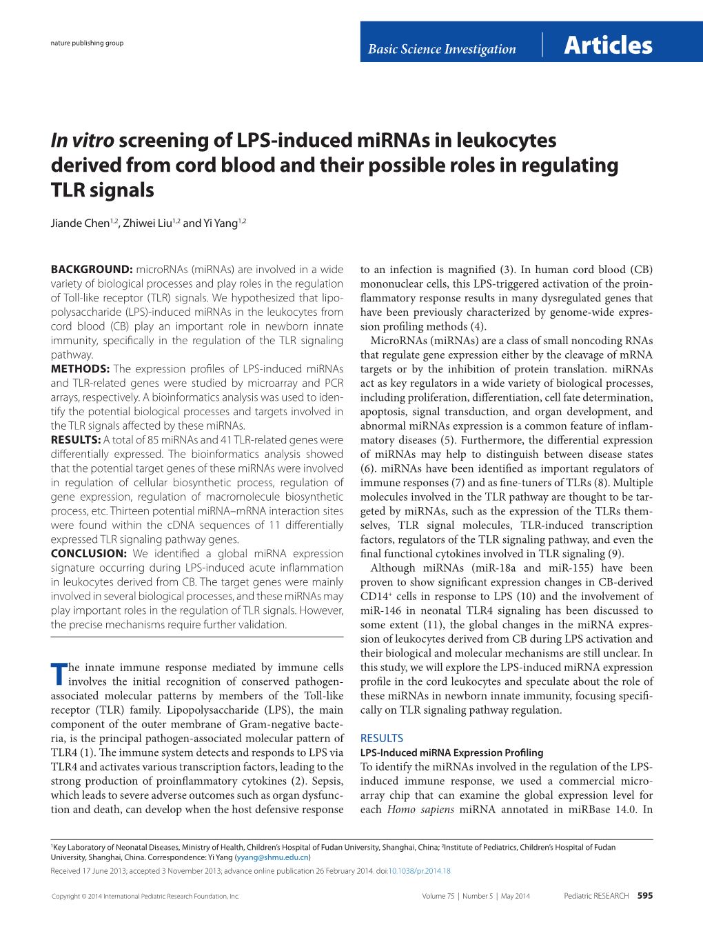 In Vitro Screening of LPS-Induced Mirnas in Leukocytes Derived from Cord Blood and Their Possible Roles in Regulating TLR Signals