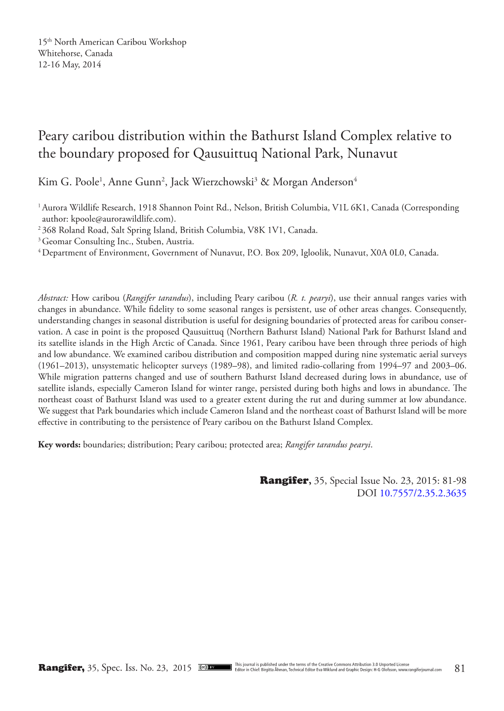 Peary Caribou Distribution Within the Bathurst Island Complex Relative to the Boundary Proposed for Qausuittuq National Park, Nunavut