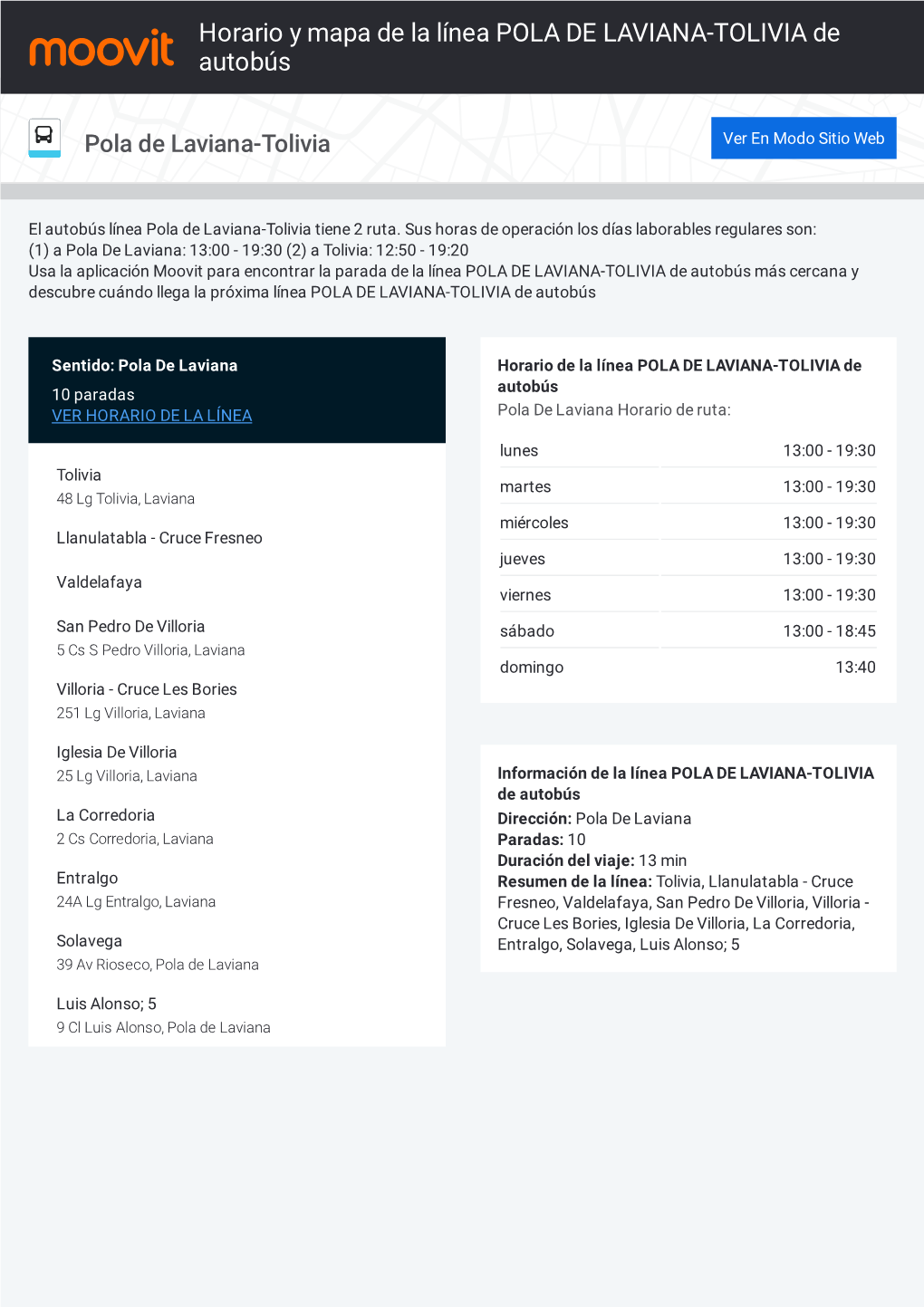 Horario Y Mapa De La Ruta POLA DE LAVIANA-TOLIVIA De Autobús