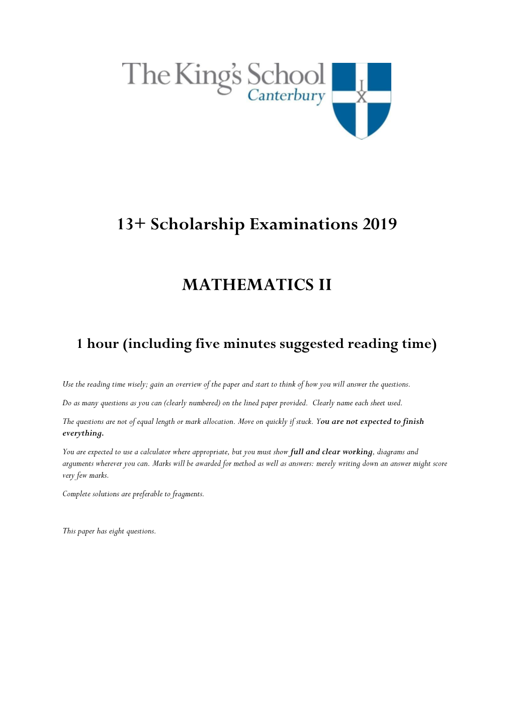 13+ Scholarship Examinations 2019 MATHEMATICS II