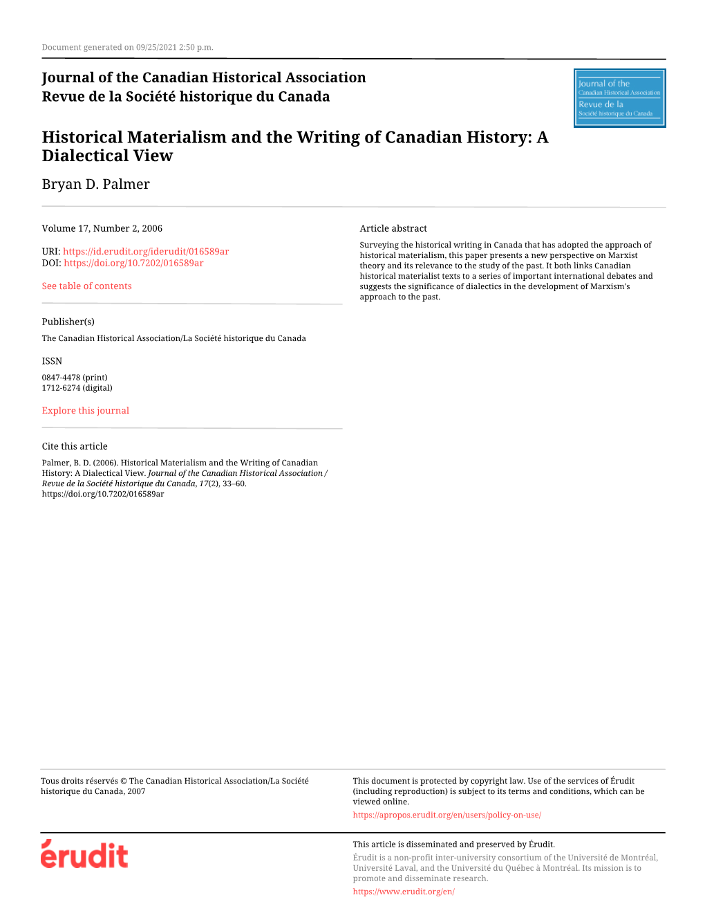 Historical Materialism and the Writing of Canadian History: a Dialectical View Bryan D