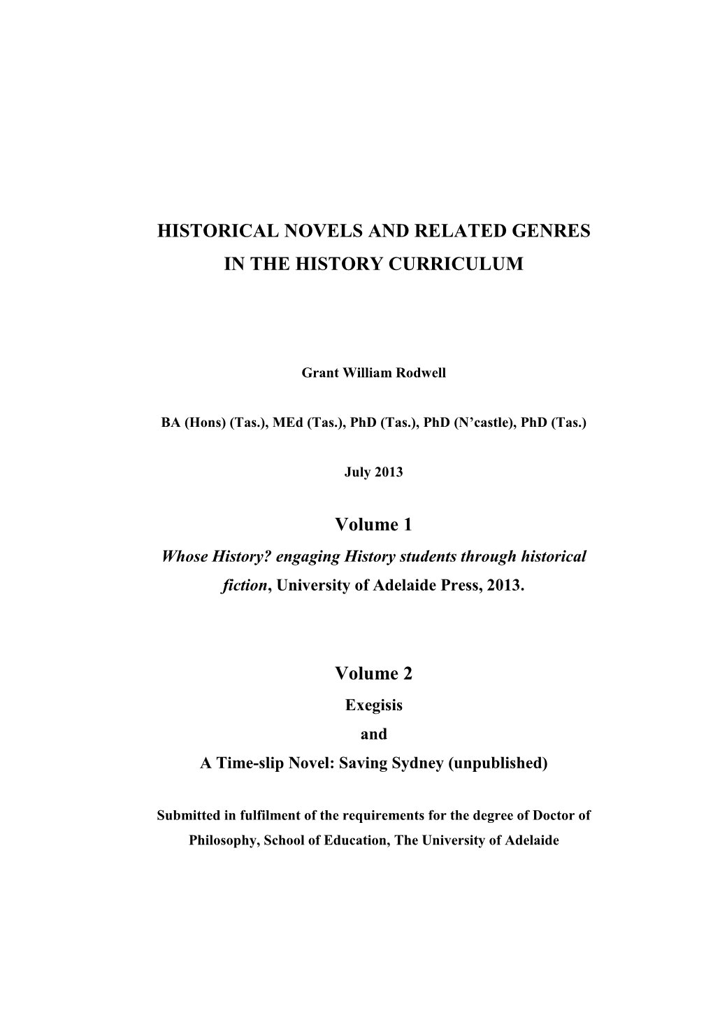Historical Novels and Related Genres in the History Curriculum