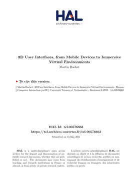 3D User Interfaces, from Mobile Devices to Immersive Virtual Environments Martin Hachet