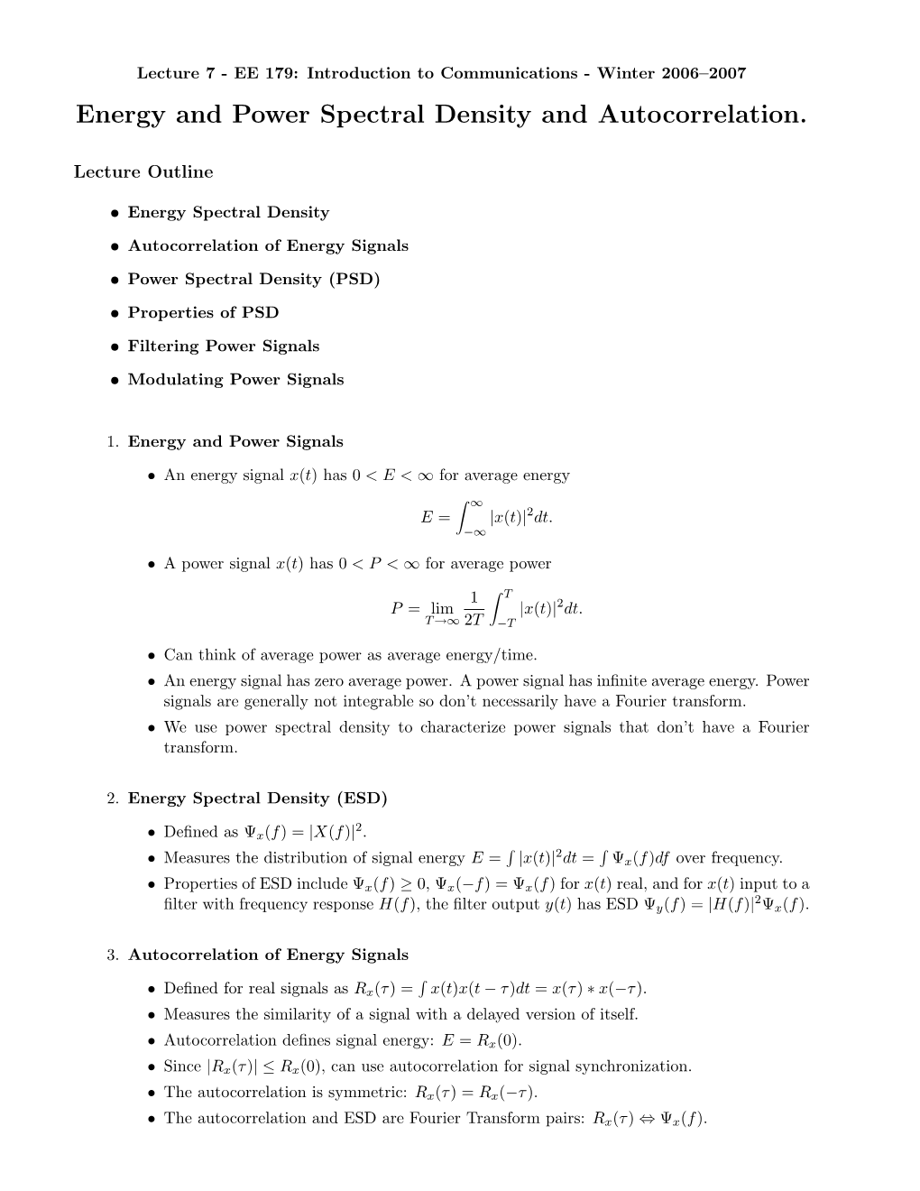 Energy and Power Spectral Density and Autocorrelation