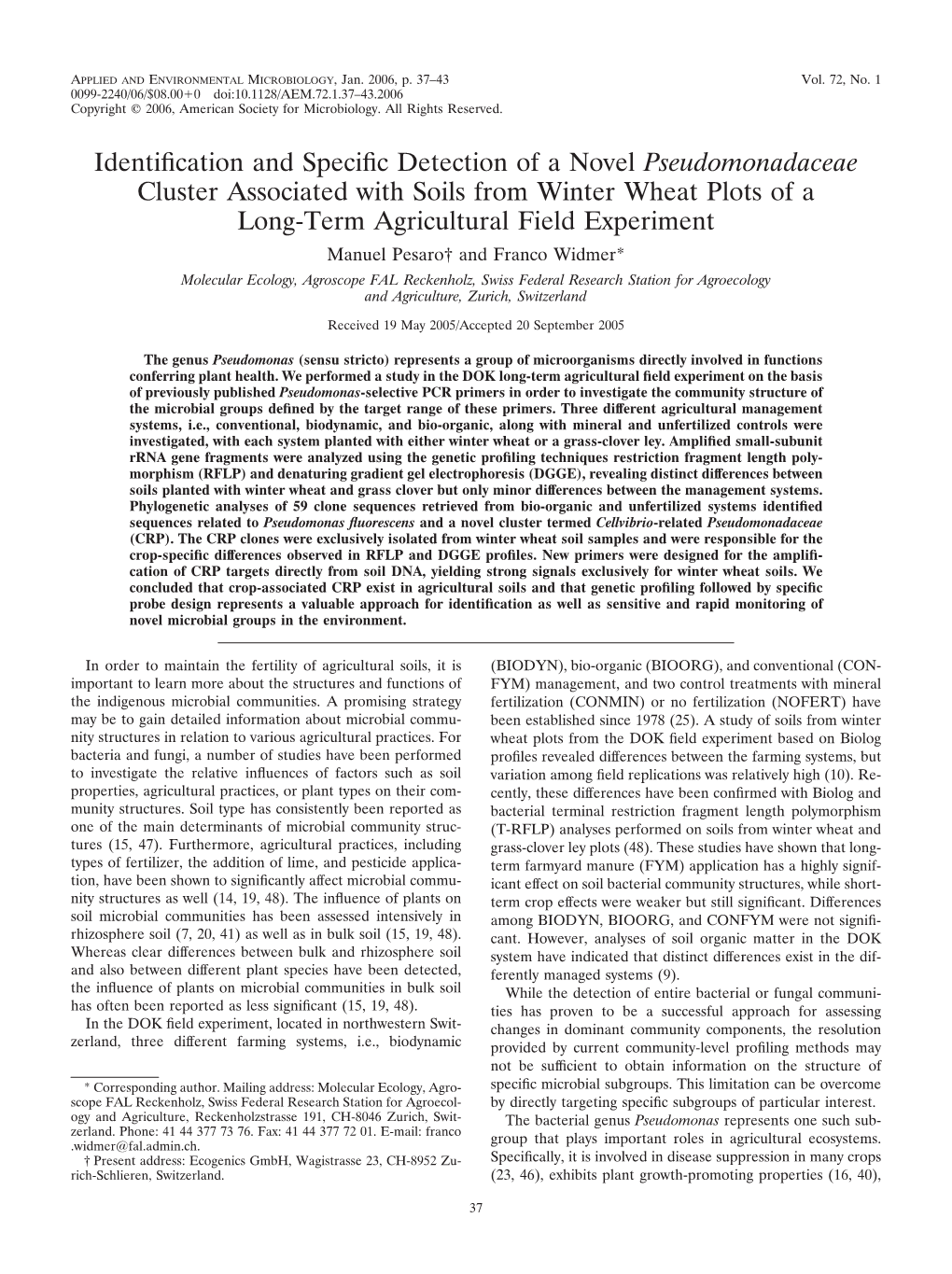 Identification and Specific Detection of a Novel Pseudomonadaceae