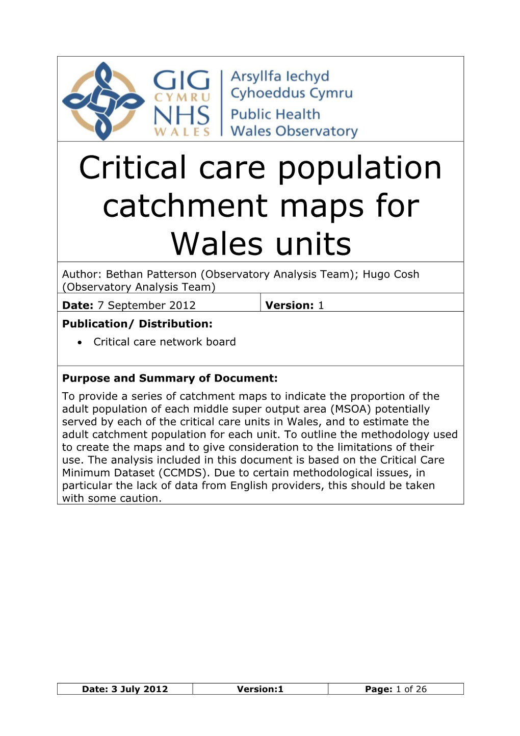 Critical Care Population Catchment Maps for Wales Units