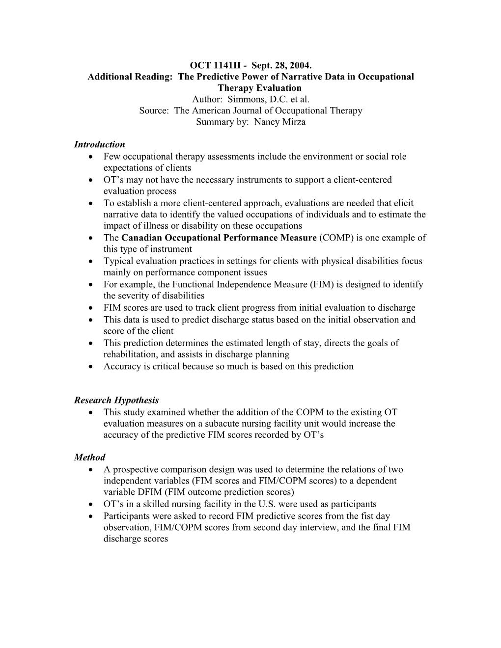 The Predictive Power of Narrative Data in Occupational Therapy Evaluation