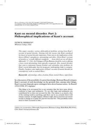 Kant on Mental Disorder. Part 2: Philosophical Implications of Kant's