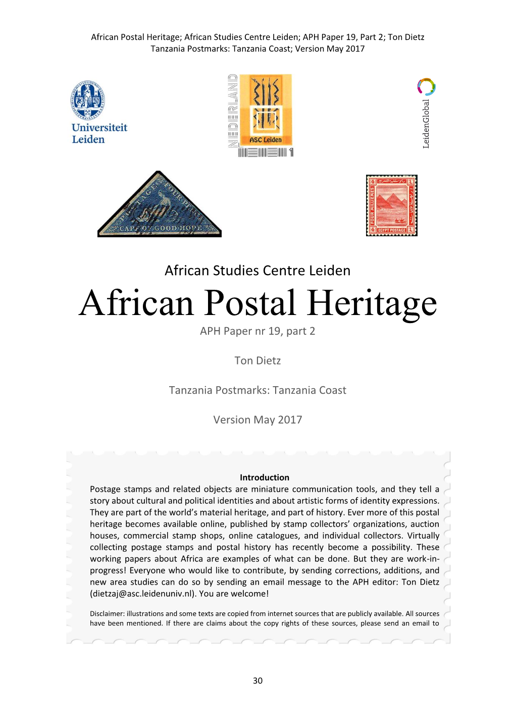 African Postal Heritage; African Studies Centre Leiden; APH Paper 19, Part 2; Ton Dietz Tanzania Postmarks: Tanzania Coast; Version May 2017