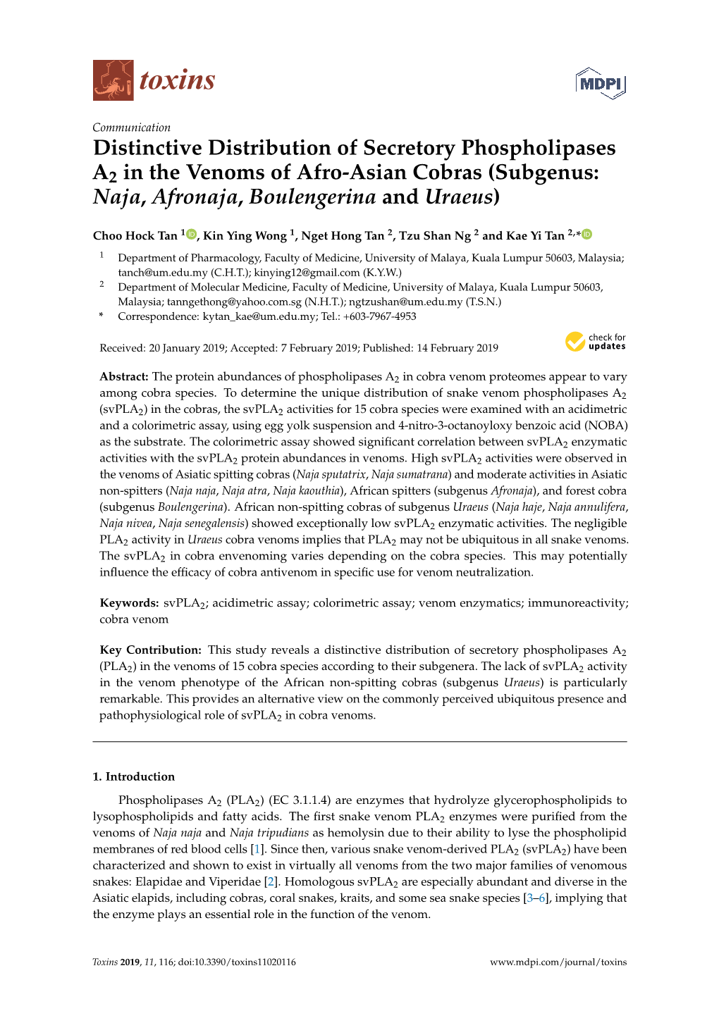 Distinctive Distribution of Secretory Phospholipases A2 in the Venoms of Afro-Asian Cobras (Subgenus: Naja, Afronaja, Boulengerina and Uraeus)