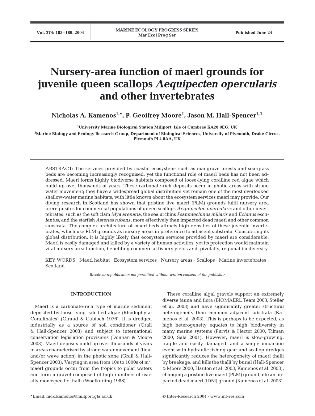 Nursery-Area Function of Maerl Grounds for Juvenile Queen Scallops Aequipecten Opercularis and Other Invertebrates