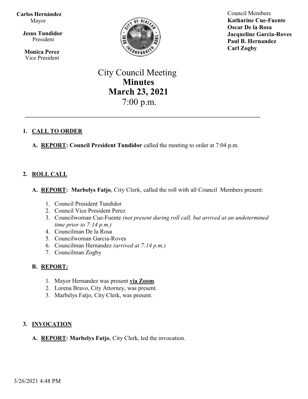 City Council Meeting Minutes March 23, 2021 7:00 P.M