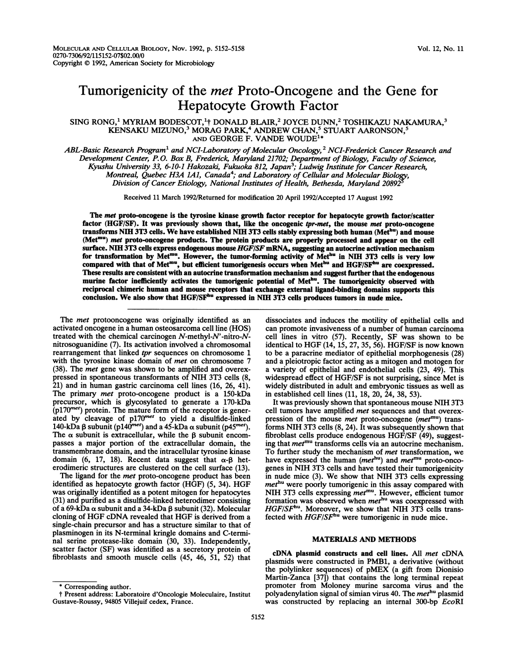 Tumorigenicity of the Met Proto-Oncogene and the Gene