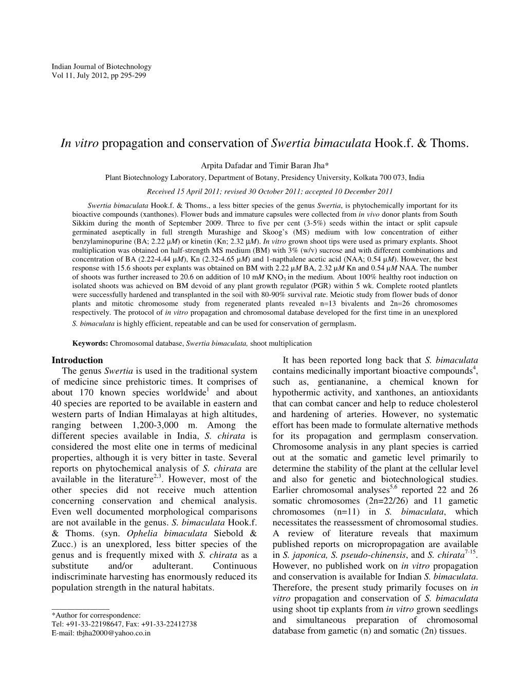 In Vitro Propagation and Conservation of Swertia Bimaculata Hook.F