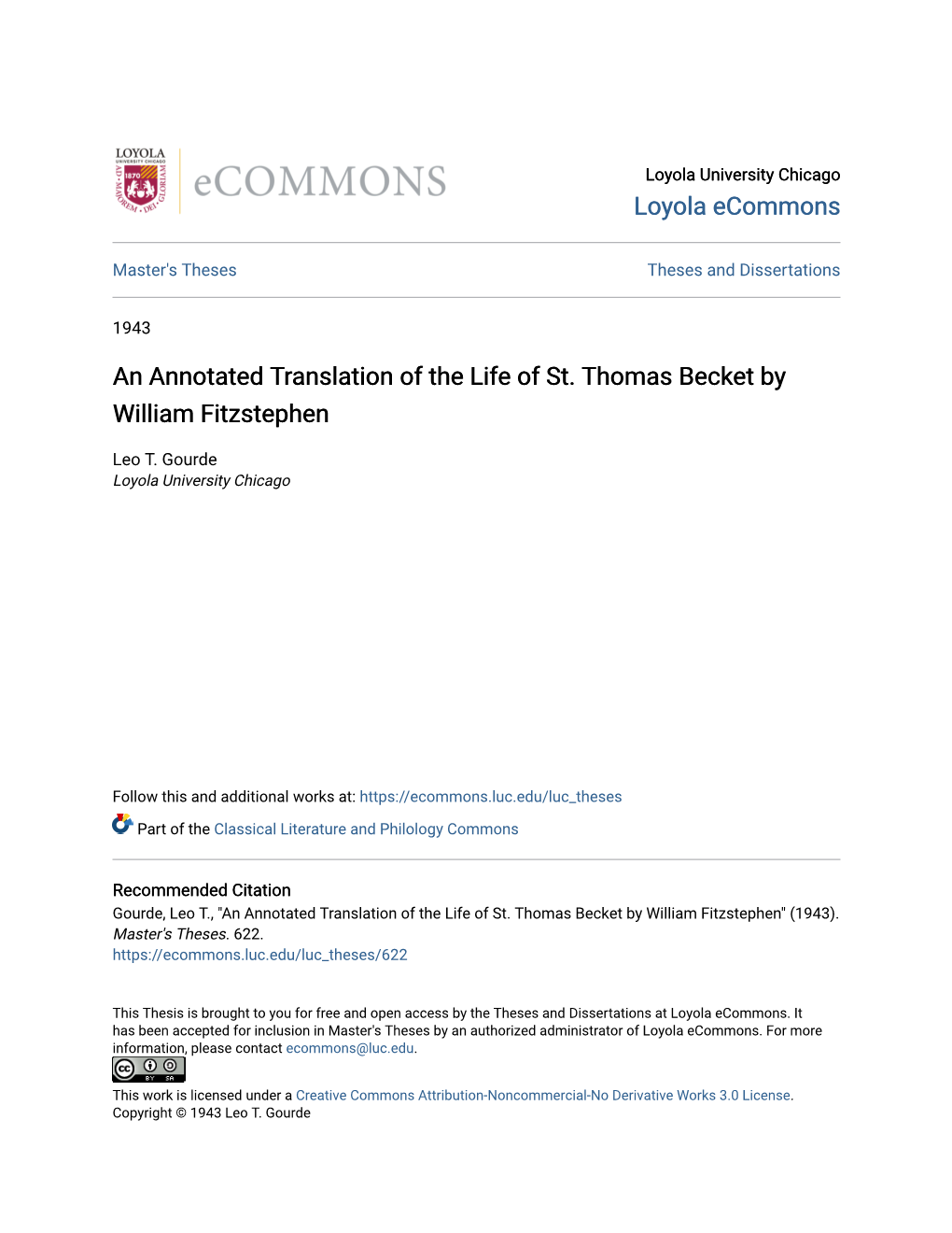 An Annotated Translation of the Life of St. Thomas Becket by William Fitzstephen