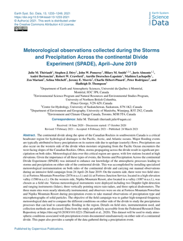 Meteorological Observations Collected During the Storms and Precipitation Across the Continental Divide Experiment (SPADE), April–June 2019