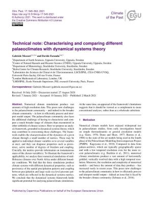 Technical Note: Characterising and Comparing Different Palaeoclimates with Dynamical Systems Theory